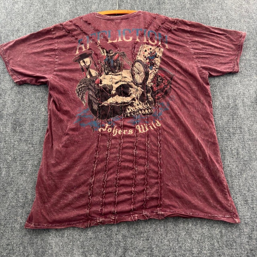Affliction American Customs Jokers Wild Henley Shirt Mens 2XL Maroon Biker